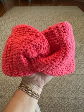Handmade Chunky Knit Twist Headband in Bright Coral